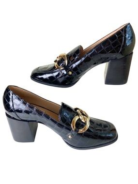 NWOB ANTONIO MELANI Harpez Black Patent Crocodile Loafers with Gold Chain SZ 9.5